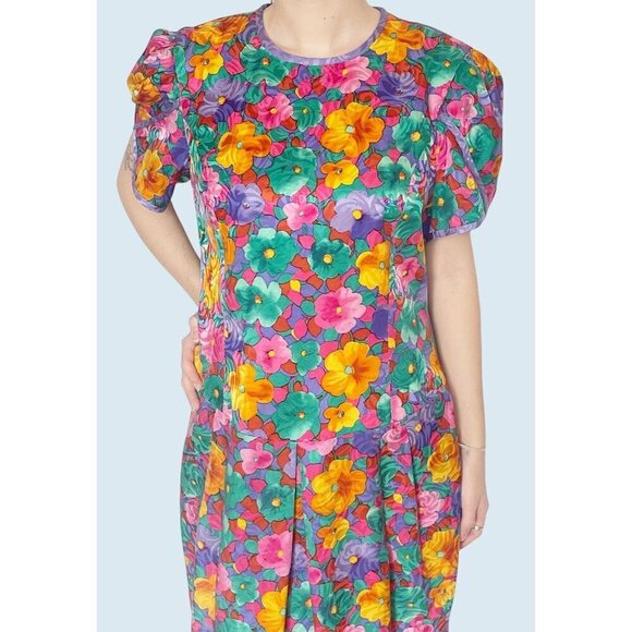 Vintage TALB0TS by DAVID WARREN 80s / 90s Silk Floral Midi Dress Sz M - Picture 1 of 8